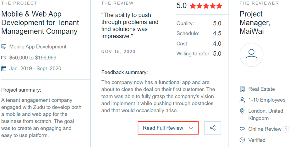 Screenshot of a recent project review with 5 star rating