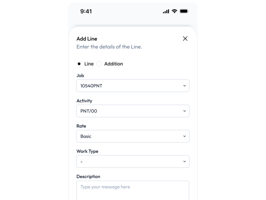 A line is a job: site, activity, work type, hours, and the rate they attract. Basic and overtime are priced as they are entered, not reconciled later.